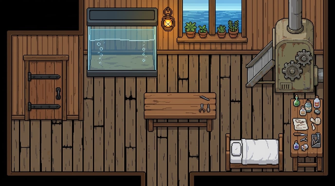 Inside the sanctuary: quarantine tank, healing table, recycling machine, workbench and Mira's bed